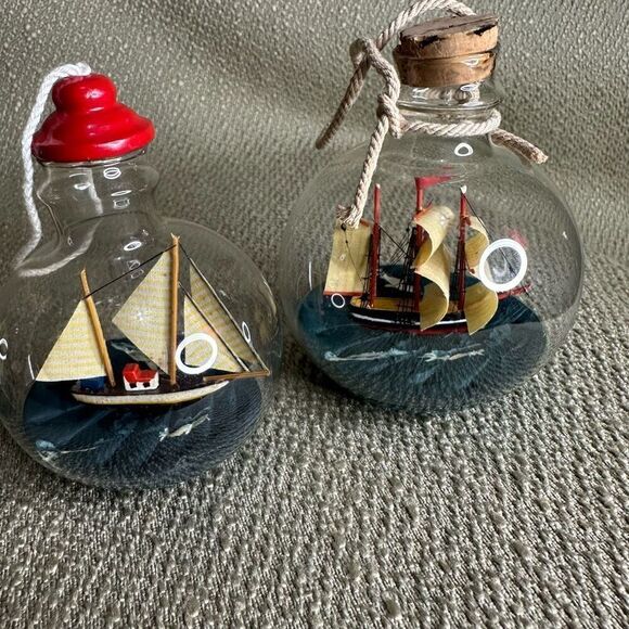 Ship in a bottle glass ball ornaments sailboat on the sea round Set of 3 - Picture 3 of 9